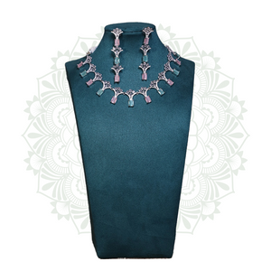 Viora’s Silver-Plated American Diamond Set with Mint & Pink Stones