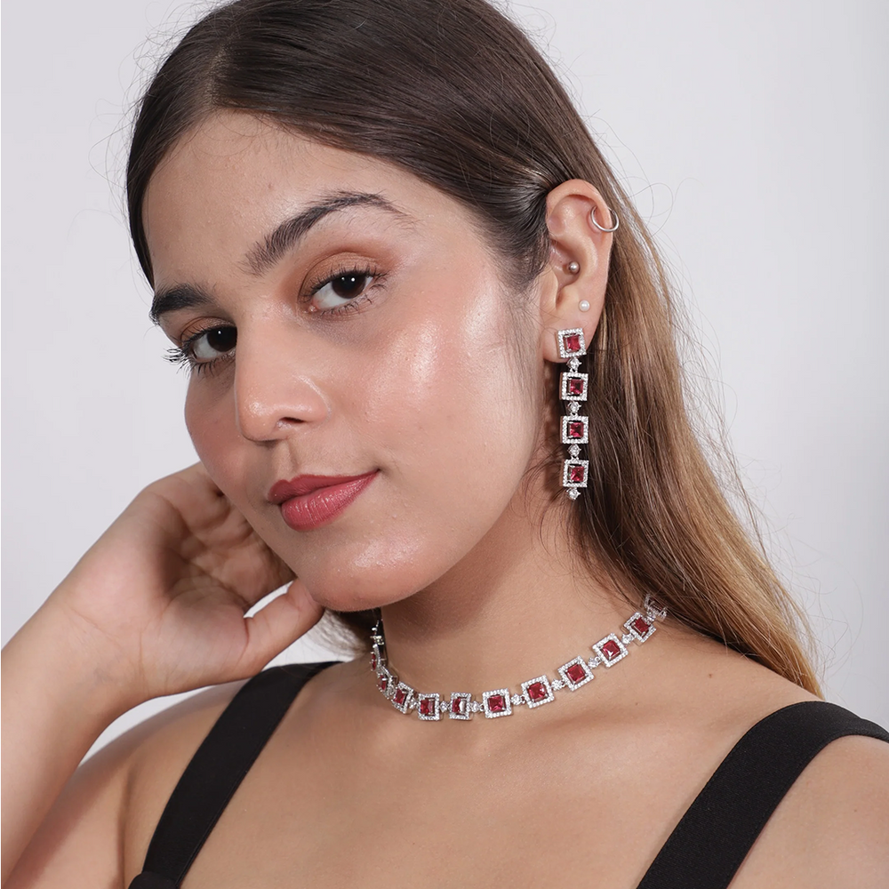 Viora’s Silver Plated Wine Color American Diamond Set