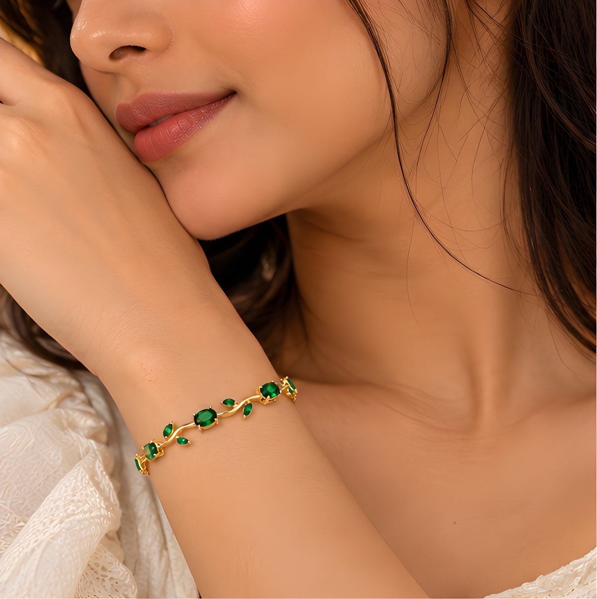 Vioras emerald green vine tulip bracelet worn on wrist