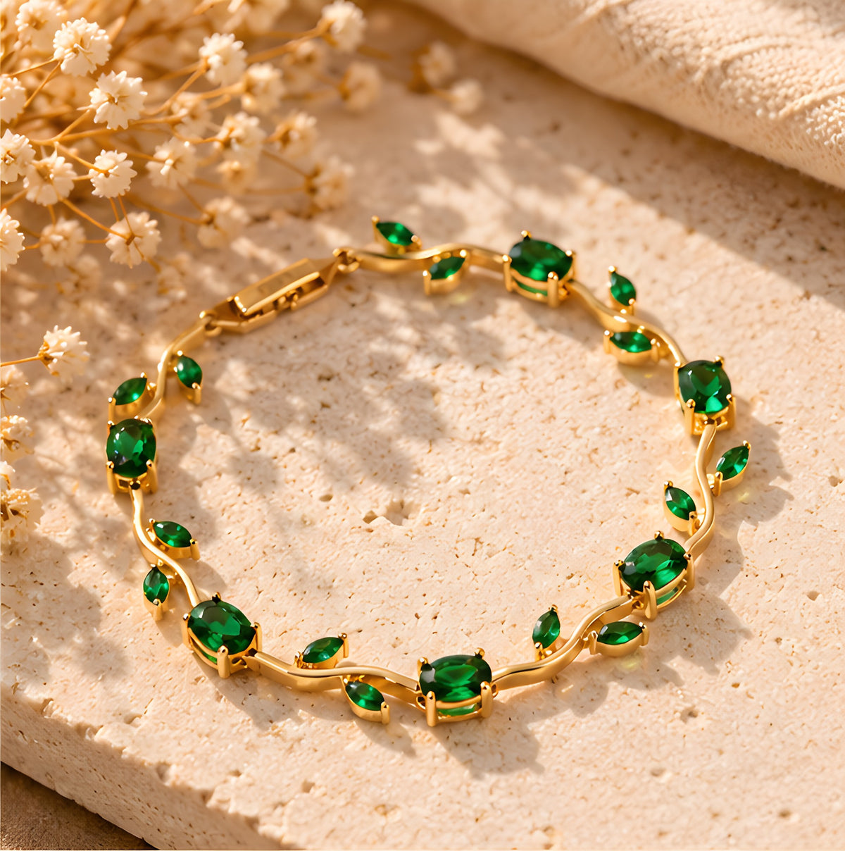 Vioras emerald green vine tulip bracelet product flat lay on stone