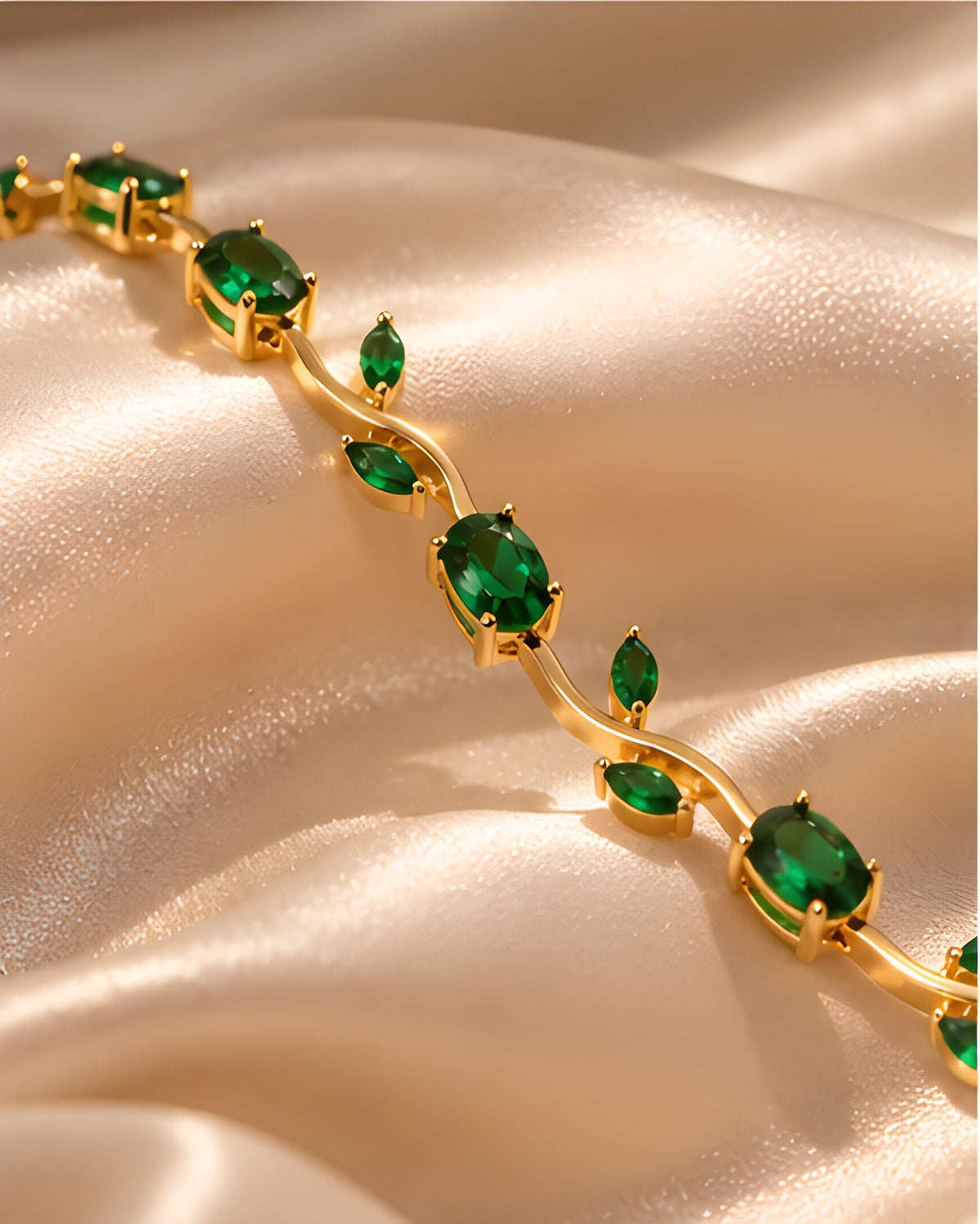 Close-up of emerald green stones and gold vine bracelet details