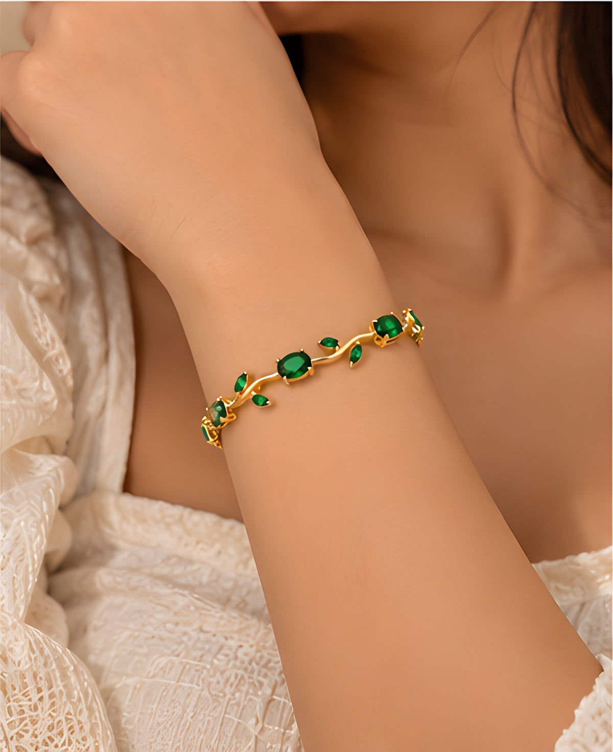 Vioras emerald green vine tulip bracelet wrist lifestyle image