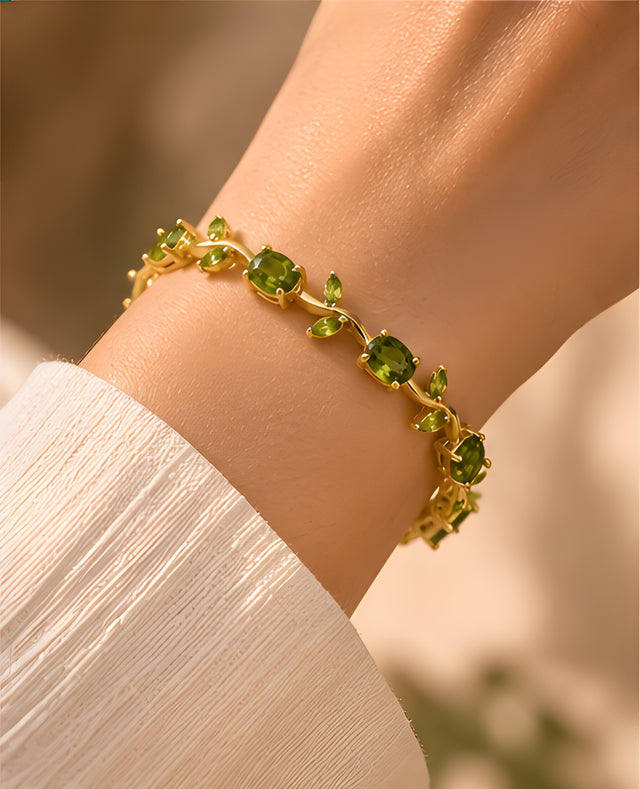 Olive green vine tulip bracelet worn on wrist