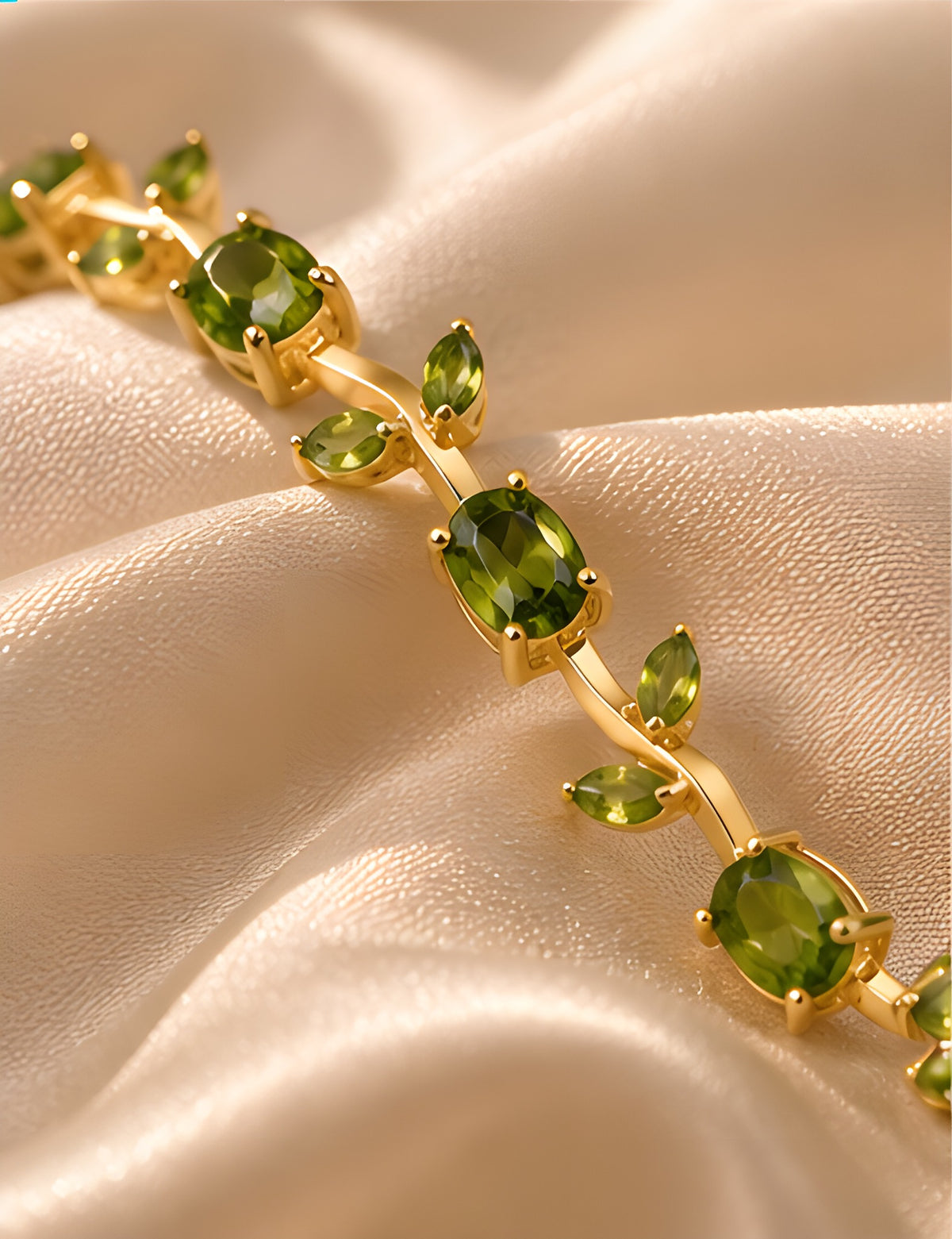 Close-up of olive green stones on gold vine bracelet