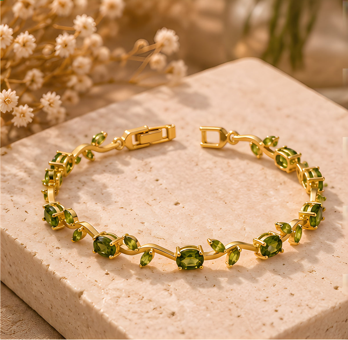 Olive green vine tulip bracelet flat lay on stone