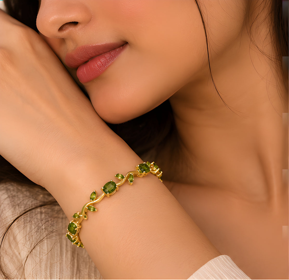 Close-up lifestyle view of olive green vine tulip bracelet