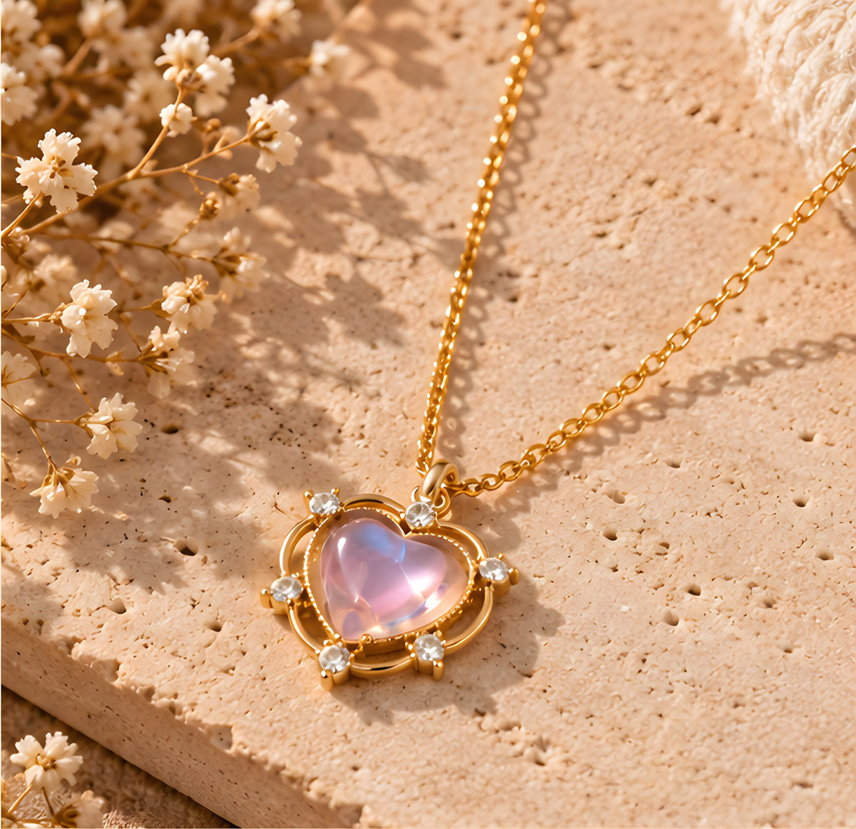 Vioras pink iridescent heart pendant flat lay on stone
