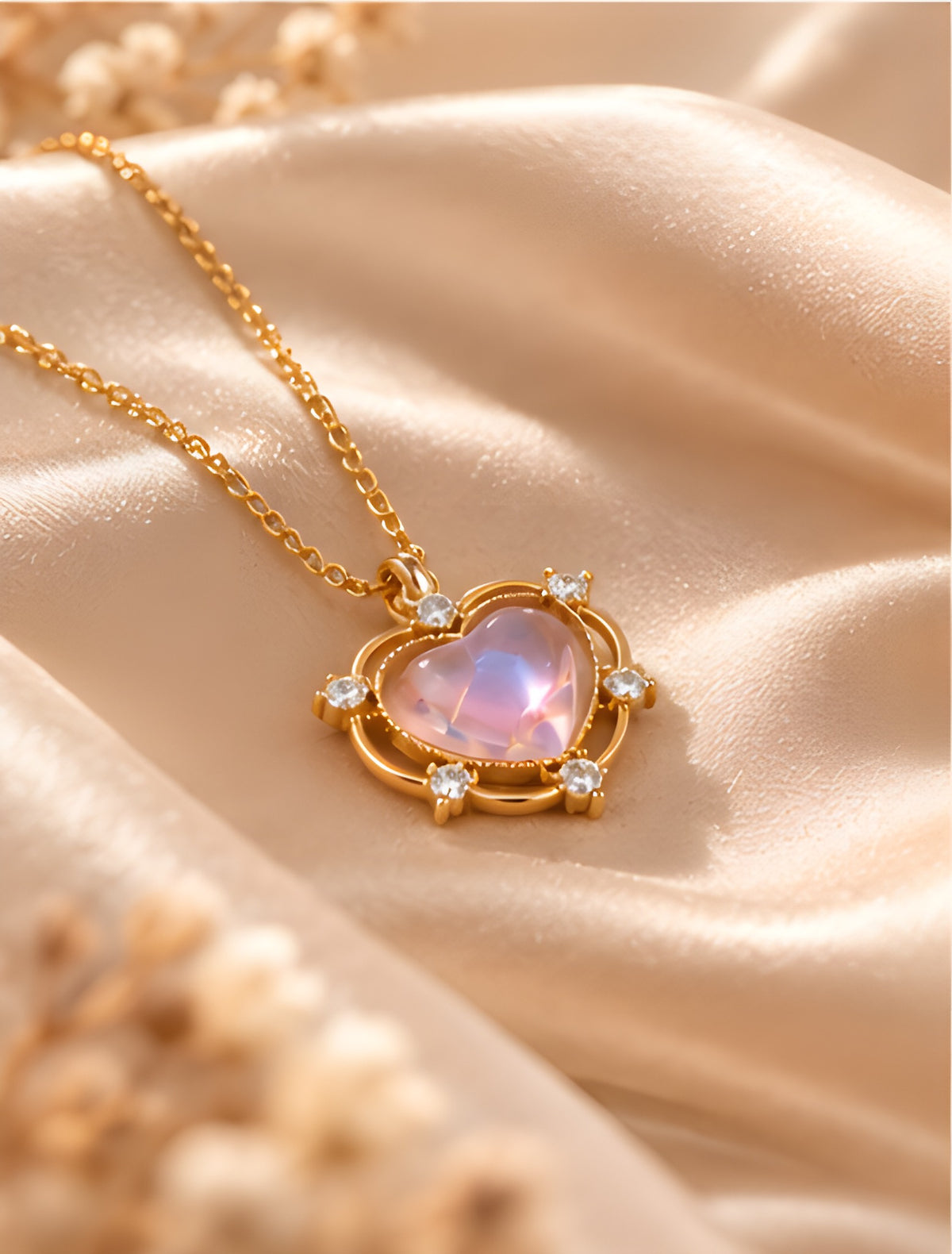 Close-up of pink iridescent heart pendant and gold setting