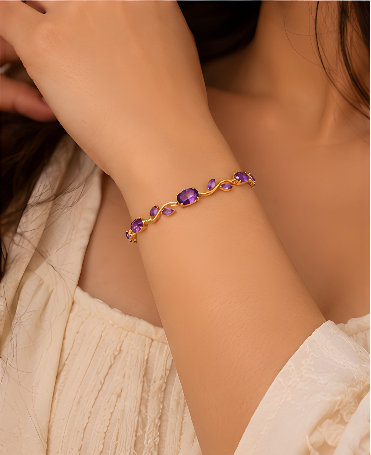 Vioras purple vine tulip bracelet worn on wrist