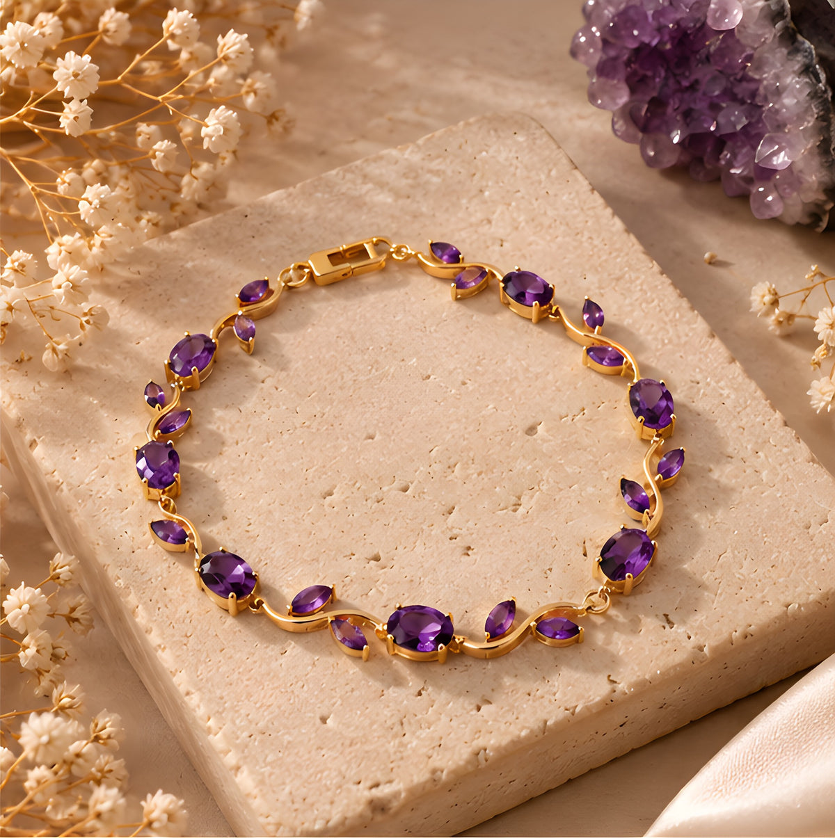 Vioras purple vine tulip bracelet product flat lay on stone