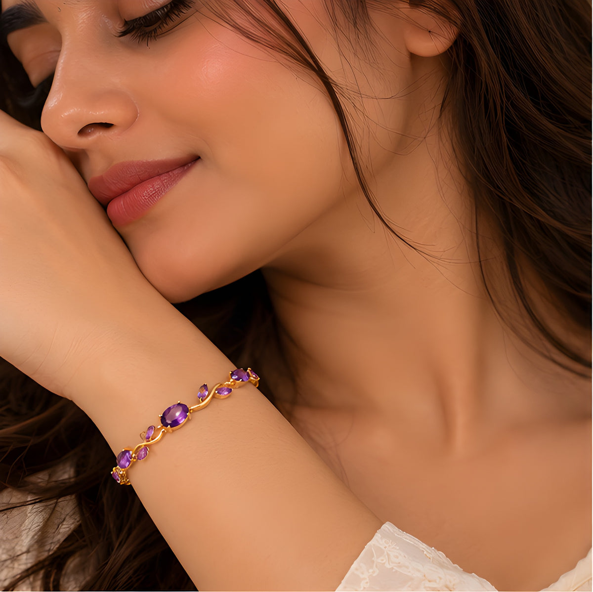 Close-up lifestyle view of Vioras purple vine tulip bracelet