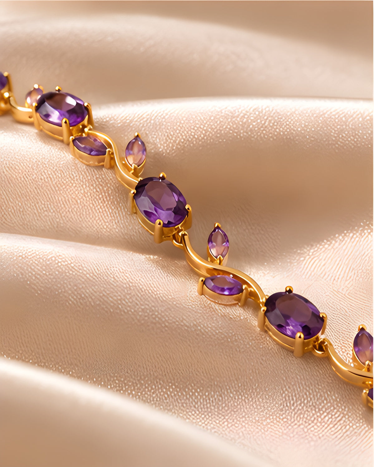 Close-up of purple stones and gold vine details