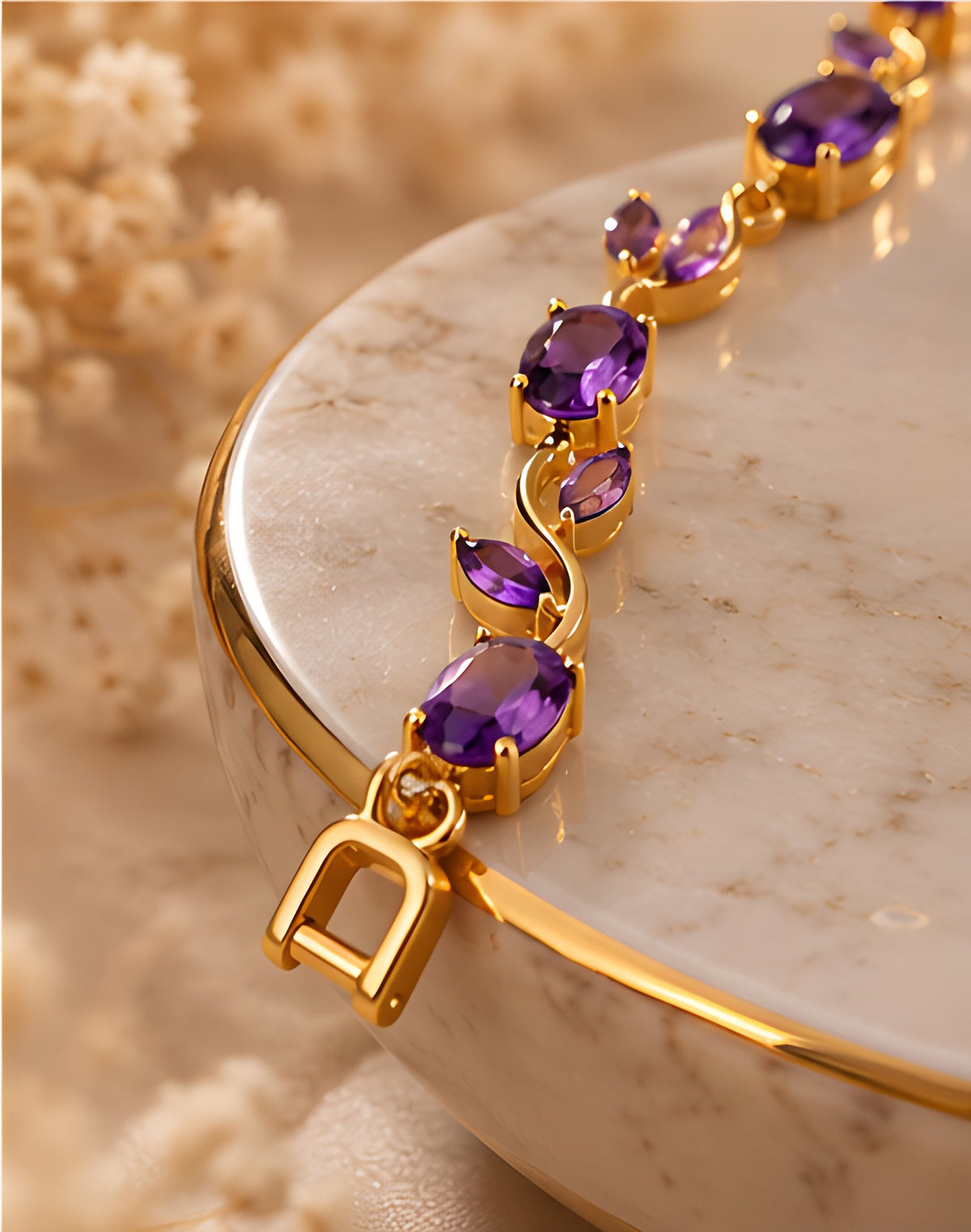 Vioras purple vine tulip bracelet clasp detail on marble