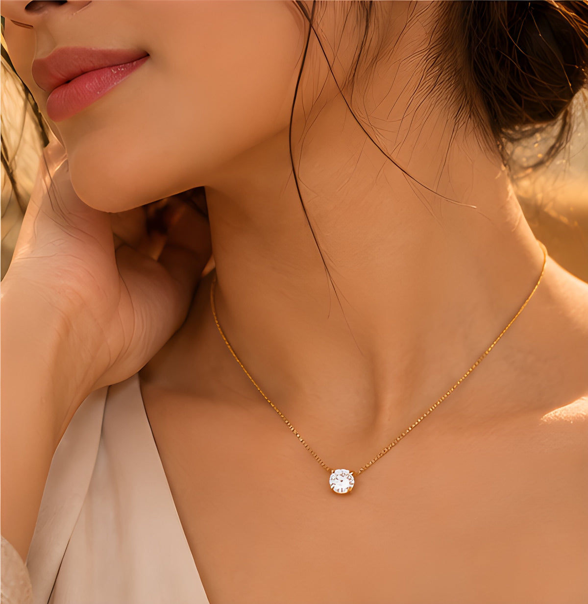 Vioras Solitaire Sparkle Pendant worn on model, profile view