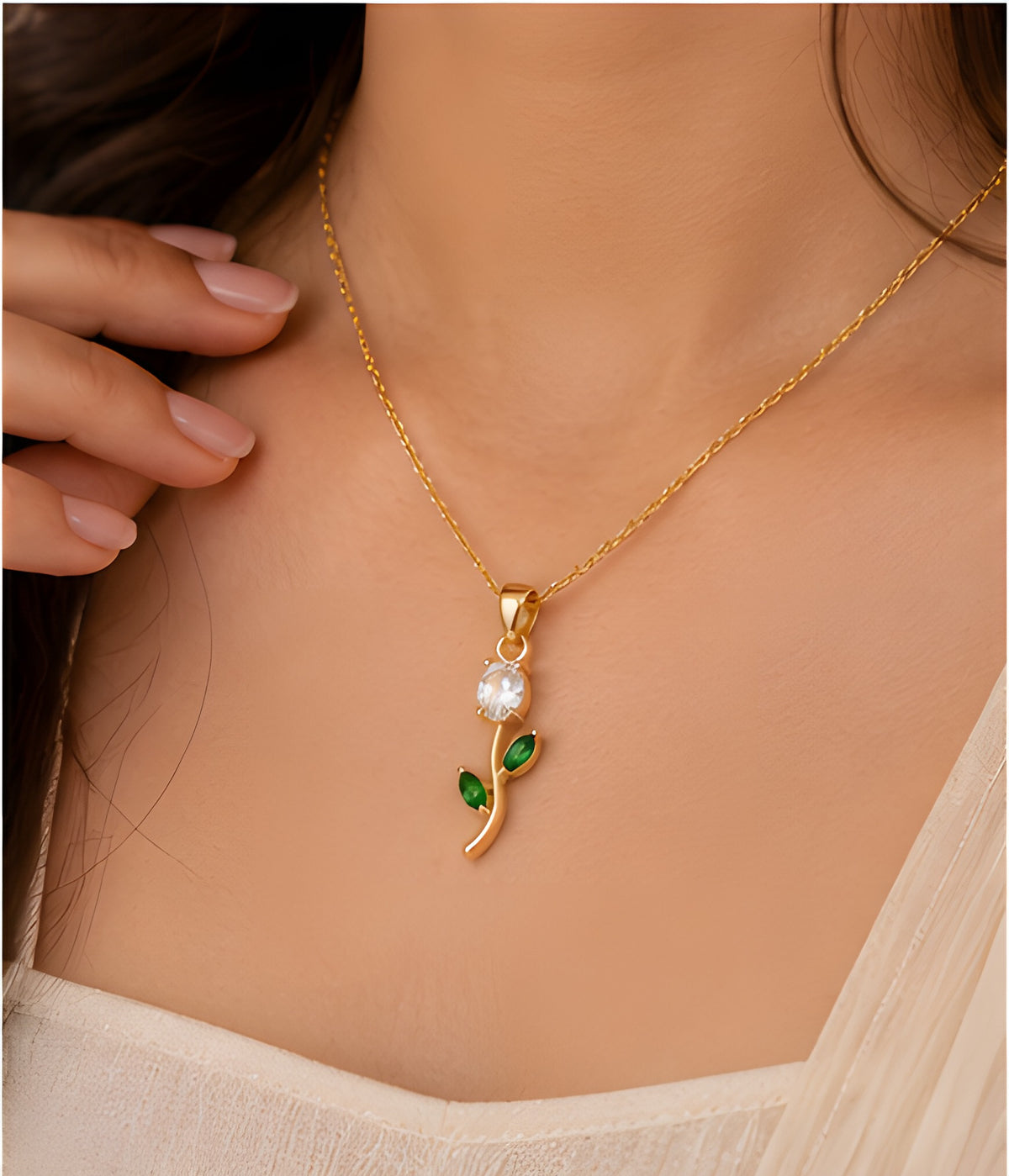 Vioras White Tulip Pendant gold lifestyle necklace on model